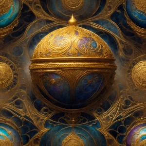 A dazzling opalescent alien orb swirls with intricate golden fil...