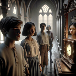 Four teenagers are standing in a dark mansion. The figure of a g...
