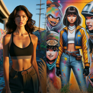 Athletic Thin skinny Attractive, Asian teenage girl, long brown hair and bangs, wearing tight skinny jeans and a halter top paint marks on her clothing, heroic pose Asian graffiti background, side view