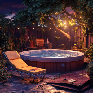 Photorealistic image. 90s hottub party. Chaise lounge in front e...