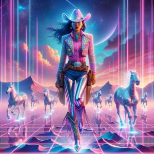A surreal vertical portrait of a rhinestone cowgirl standing ato...
