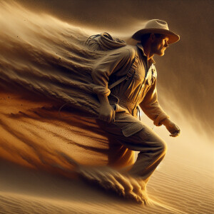 Create an image of a American man made entirely of sand walking...