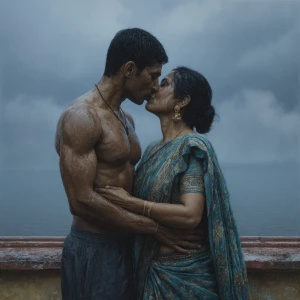Hyperrealism.a big terrace with overcast condition,raining,a mus...