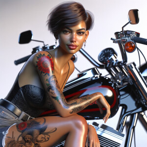 A beautiful Puerto Rican, with short hair and tattoos, she is sitting on a black and red, shiny cromed out Harley Davidson looking at the camera. This image is taken with a canon high resolution for the camera.