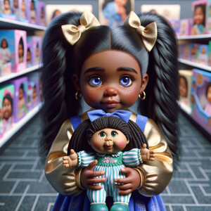 Create a 3-D image of an african-American little girl inside of a medium size, toy store. The little girl has thick long, ponytails and huge blue eyes. She has on a gold and blue jumpsuit with matching bows, She is playing with her favorite african-American cabbage patch doll, the doll has deep, dimples, and freckles and looks just like her