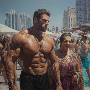 Hyperrealism,sharp painting,a muscular beefy criminal man walkin...