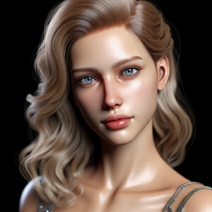 Create a full length portrait of a lady with blonde hair, blue e...