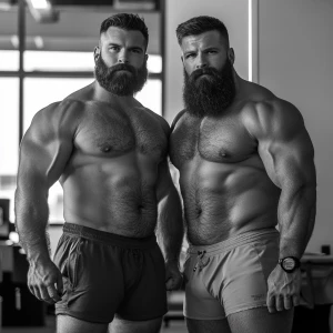 Two muscular bodybuilders standing side by side in an office set...