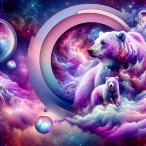 Hyperrealistic purple and light pink colors scene featuring a majestic Bear, bear and a bear cub, blending, with cosmic undertones. Surrounded by swirling galaxies and nebulas. Elements of celestial beauty.