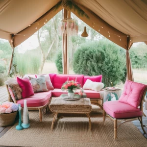 Glamping birthday for girls, with large Bell tent. Decorating with beach themed decor and birthday decorations. Set on a beautiful farm with a lounge and fire pit area