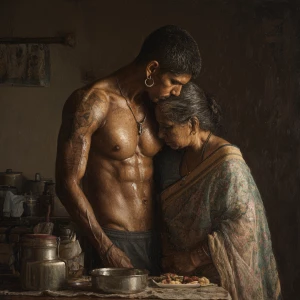 Hyperrealistic painting.a muscular sweaty indian man standing...