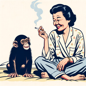 A  woman smoking a cigarette sitting next to a chimp on bed