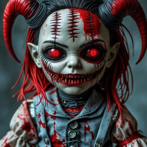 intricately detailed macabre demonic  doll with stitched face, s...