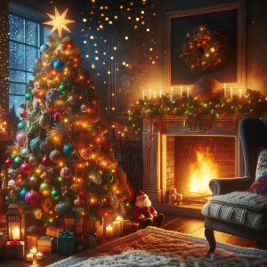 Magical christmas tree in a cozy room next to a roaring fireplac...