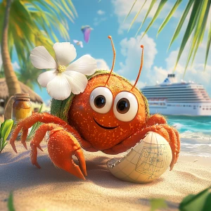 Create a charming cartoon image of a female red hermit crab, coc...