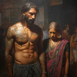 Hyperrealism painting ,a new delhi muscular beefy bearded tattoe...