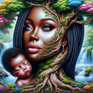 Create a close-up, hyper-realistic 3-D oil painting of a tree wi...