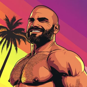 White muscular thin man with beard, big chin, smile and cheekbon...