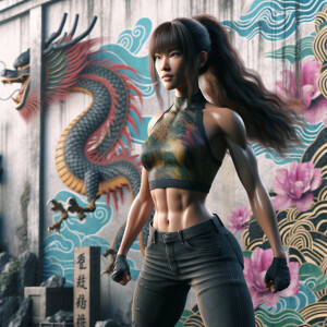 Athletic Thin skinny Attractive, Asian teenage girl, long brown hair and bangs, wearing tight skinny jeans and a halter top paint marks on her clothing, heroic pose Asian graffiti background, side view