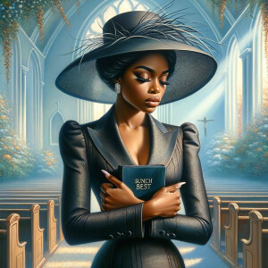 Render an airbrush oil painting of an African American woman with flawless makeup in a
contemplative pose, holding a Bible close to her heart, dressed in an elegant Sunday Best
outfit with a distinctive Church Hat. The background features a peaceful church garden,
with light filtering through the trees, highlighting her spiritual connection and the personal
moment of reflection. The artwork should capture the tranquility of the scene, the beauty
of her attire, and the depth of her contemplation, reflecting a serene and spiritually