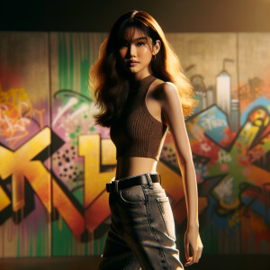 Athletic Thin skinny Attractive, Asian teenage girl, long brown hair and bangs, wearing tight skinny jeans and a halter top paint marks on her clothing, heroic pose Asian graffiti background, side view