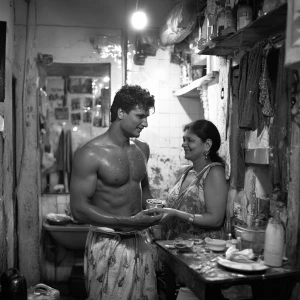 An Indian man, showing muscular build and signs of a rough past,...