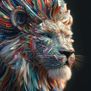 Create a 3D-rendered 8k UHD image of a lion with an extremely detailed, oversized psychedelic mane, incorporating vibrant colors and intricate patterns to emphasize a professional level of detail.