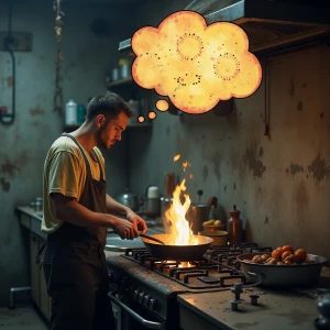 Young man cooking over a dirty stove in a nasty kitchen,  above...