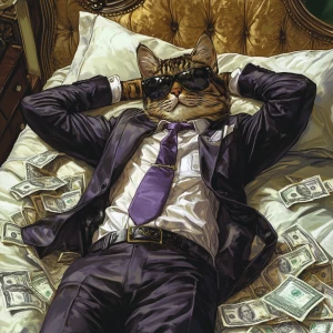 Create an image of a humanoid cat character lying on a luxurious...