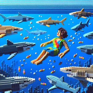 Lady swimming with sharks