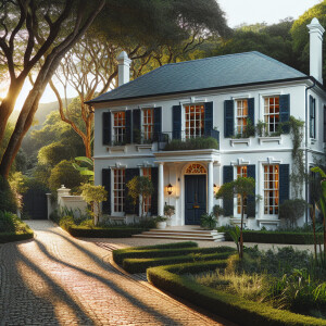 A house in the colonial style, white walls, dark blue shutters a...