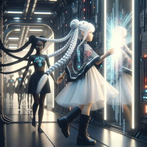 A girl with long white hair and two braided braids, black boots...