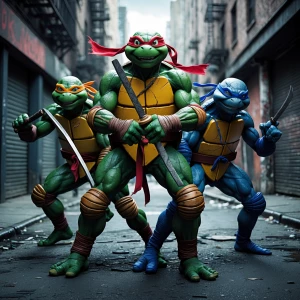Create an image of the Teenage Mutant Ninja Turtles in a dynamic...