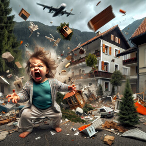 Prompt: a furious expression, is throwing houses, trees, and oth...