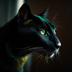 A black Jaguar profile, white whiskers, and piercing green eyes...