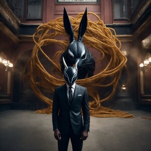 Create an image of an anthropomorphic rabbit with a sleek, form-...