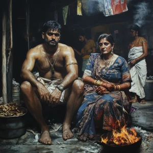 Photorealism, a muscular sweaty employer criminal man sitting ma...