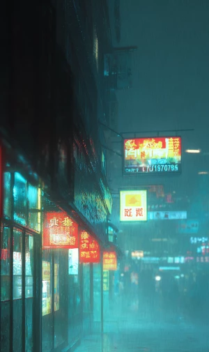 Street scene, cold colors, robot close-up, dim, doomsday feeling...