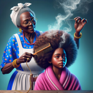 Create a realistic 3-D image of an african-American grandmother wearing a blue house dress and a white apron . She is in the kitchen with her african-American granddaughter. Her granddaughter is wearing a pink bath robe. The grandmother has a hot comb in her hand and she is straightening her granddaughters hair. One side of her granddaughters hair is in  a Afro the other straight 
There is smoke coming from the hot comb
The granddaughter is making a face