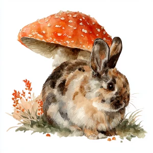 Rabbit under mushroom, watercolor on a white background, vector-...