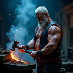 Capture an image of a muscular blacksmith, resembling a 30-year-...