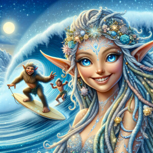 adorable happy female elf fairy water trolls riding a wave on a...