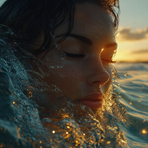 A woman’s face merging with the ocean, her hair turning into rea...