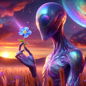 "Visualize an being standing gracefully in a serene field, holdi...