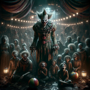 Depict a harrowing tableau: At the heart of a derelict carnival...