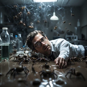 A scientist sprawls on the laboratory floor, overwhelmed as nume...