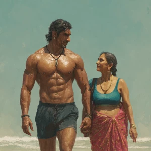 hyperrealism  digital painting.a muscular sweaty indian  villain...