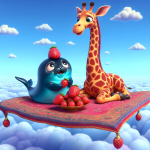 A little blue sea Seal and giraffe eating strawberries in a magi...