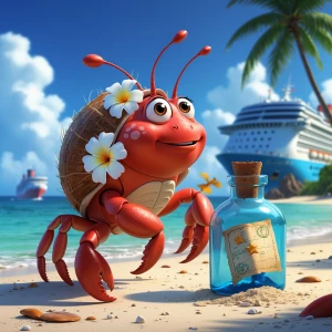 Create a charming cartoon image of a female red hermit crab, coc...