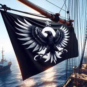 One ship is moored to another ship, on which hangs a flag with t...